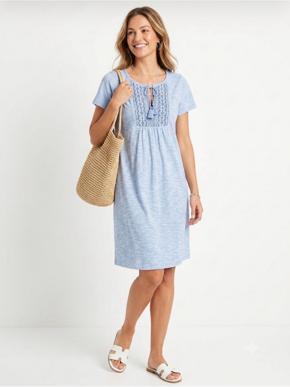 St. John’s Bay Blue Striped Embroidered Tassel Dress Medium NWT Cotton